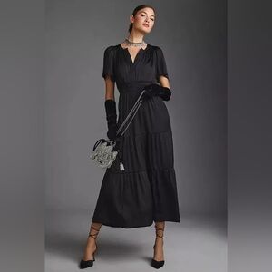 Anthropologie Somerset Satin Tiered Maxi Dress- Beautiful Details & Romantic